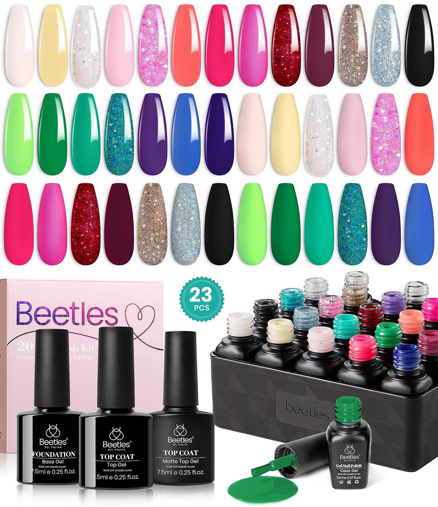 Beetles Gel Nail Polish Set,119 PCS 100 Colors Gel Polish Kit Base Glossy Matte Glitter Top Coat Neon Glitter Pearl Cat Eye White Red Pink Nude Nails Gift for Women Beetles Infinite Styles 100 Colors