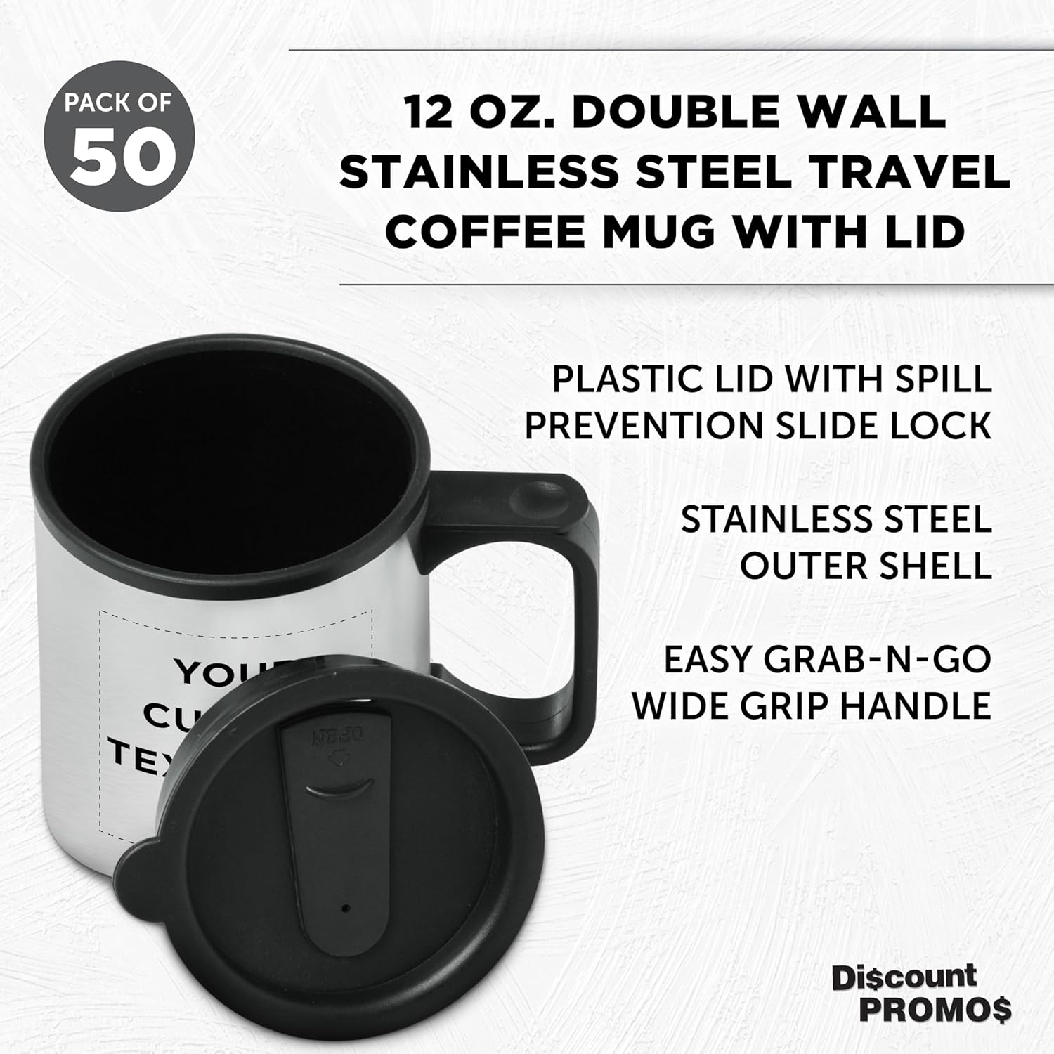 DISCOUNT PROMOS Custom Stainless Steel Travel Mugs with Handle 12 oz. Set of 50, Personalized Bulk Pack - Perfect for Coffee, Soda, Other Hot & Cold Beverages - Stainless Steel