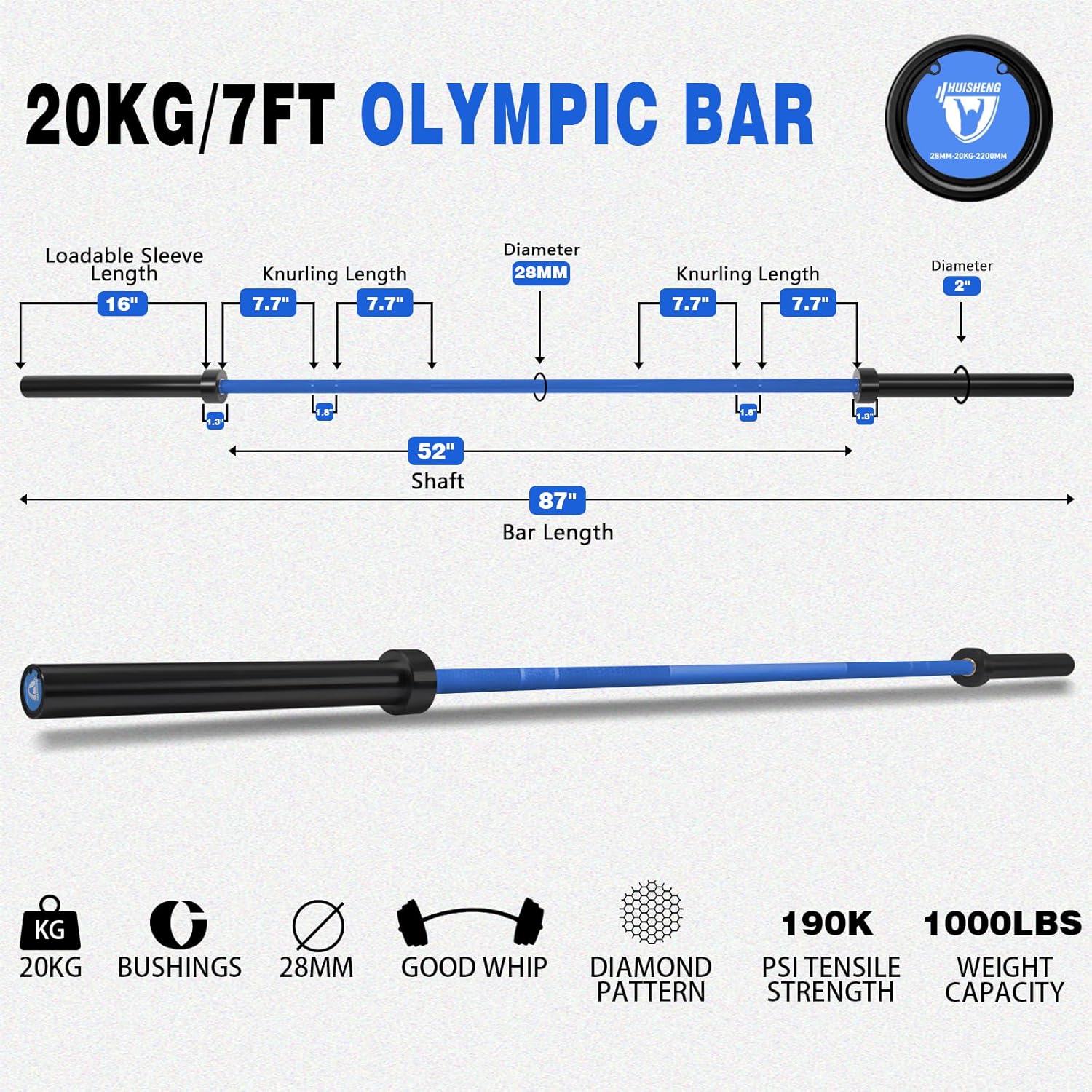 7ft Olympic Barbell for Strength Training and Olympic Weightlifting, 500 700 1000LBS Capacity Available, 2 Inch Bar for Squats, Home Gym Fitness Equipment, Bench Press, Deadlift,Powerlifting