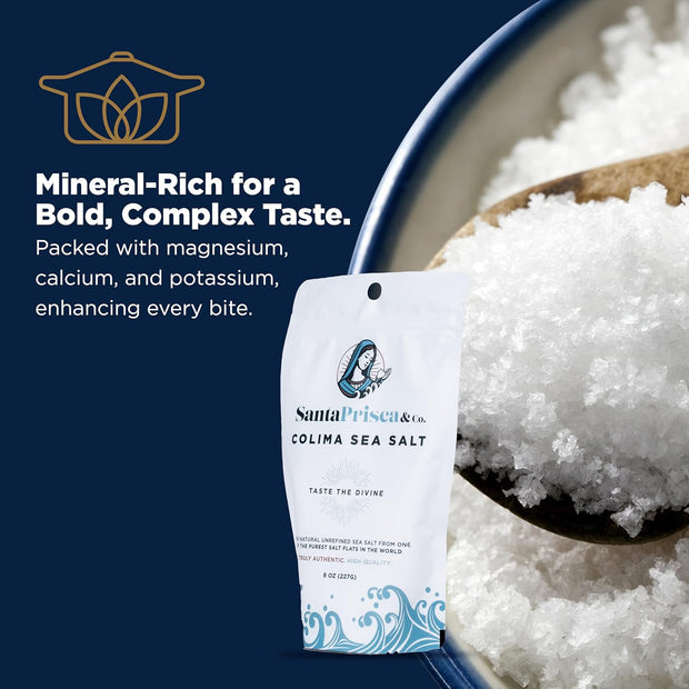 Santa Prisca & Co. Premium Colima Sea Salt – Hand-Harvested, Unrefined Mexican Sea Salt Crystals | Gourmet Finishing Salt for Cooking, Grilling & Everyday Use | Mineral-Rich, Small Batch, 8 oz