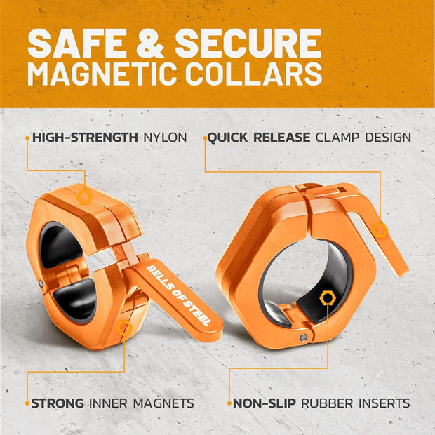 Magnetic Barbell Collars [Bells of Steel] Premium Weight Bar Clamps, Quick Release Barbell Clips, Olympic Barbell Clamps, Rubberized Gym Clips for Weightlifting Bar, Pair, Orange