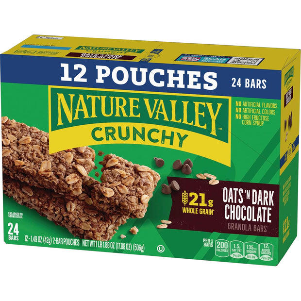 Nature Valley Crunchy Granola Bars, Oats 'n Dark Chocolate, 24 Bars, 17.88 OZ (12 Pouches)