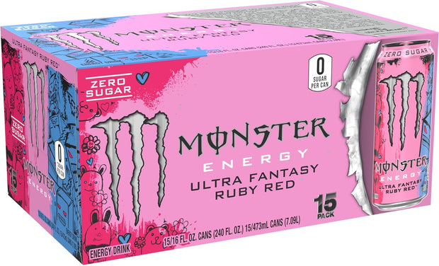 Monster Energy Ultra Fantasy Ruby Red, Sugar Free Energy Drink, 16 Ounce (Pack of 15)