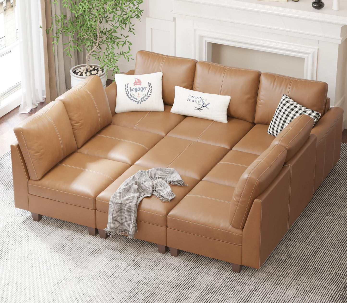 Faux Leather Modular Sectional Couches for Living Room, Modular Convertible U-Shaped Sectioanl Sofa with Storage & Ottoman, Brown