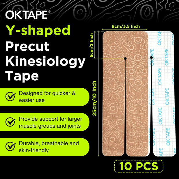 OK TAPE Precut Y-Shape Kinesiology Tape for Shoulder, Knee, Back, 10 Pcs, K Tape Strips, Provide Support & Relieve Discomfort, Water-Resistant Elastic Athletic Tape (3.5" x 10", Black)