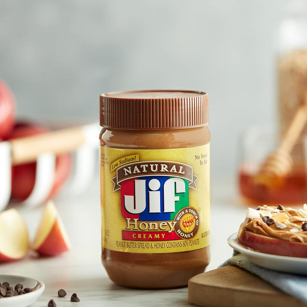 Jif Natural Creamy Peanut Butter Spread and Honey – Contains 80% Peanuts, 16 Ounces