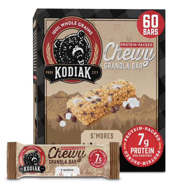Kodiak Cakes Chewy Granola Snack Bars, S'mores, High Protein, 100% Whole Grains, 12 boxes with 5 bars each (60 bars total)