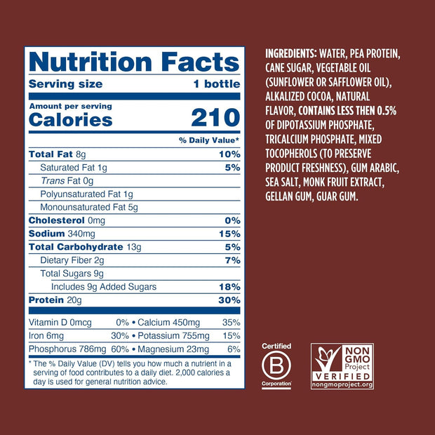 Ripple Vegan Protein Shake | Chocolate | 20g Nutritious Plant Based Pea Protein | Shelf Stable | No GMOs, Soy, Nut, Gluten, Lactose | 12 Oz, 12 Pack