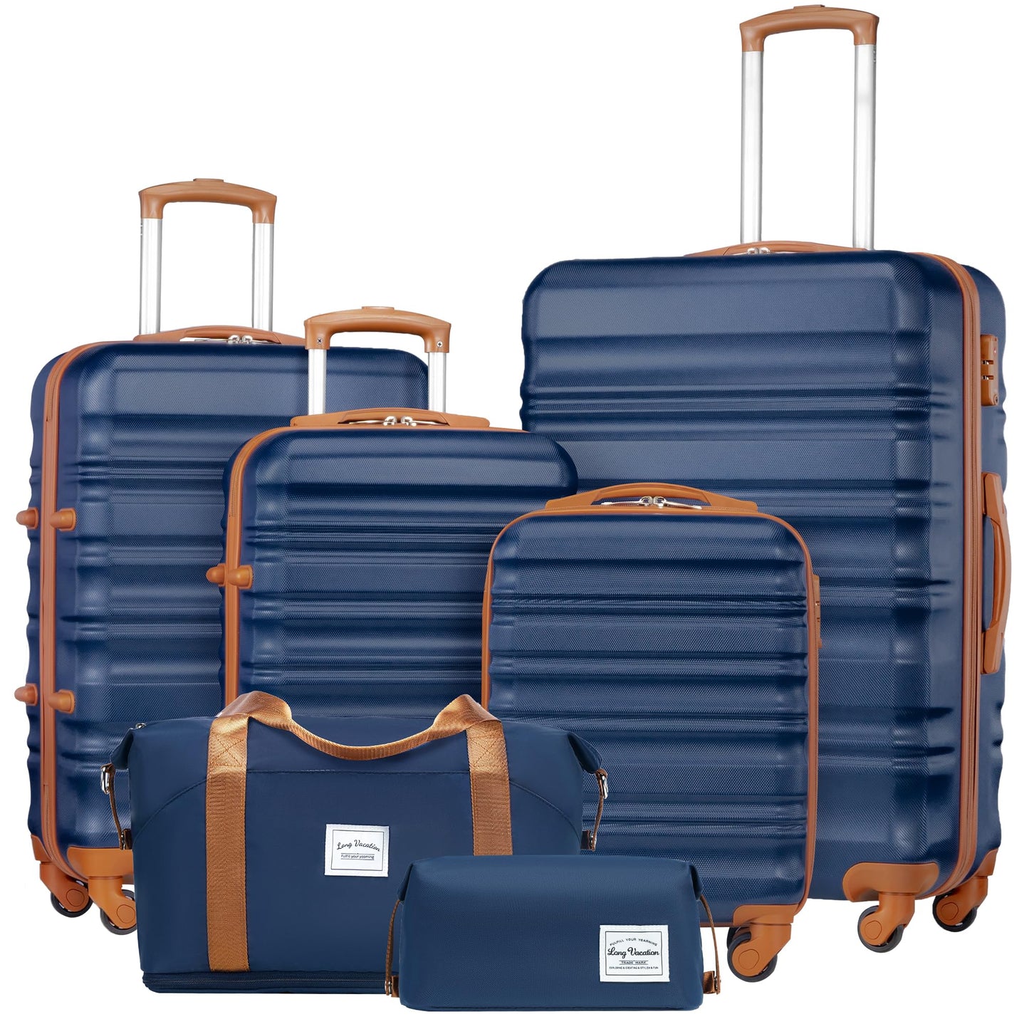 LONG VACATION 6 Piece Luggage Set Carry on Suitcase with ABS+PC hardshell, Spinner Wheels & YKK Zipper TSA Lock (WHITE-BROWN, 6 piece set)