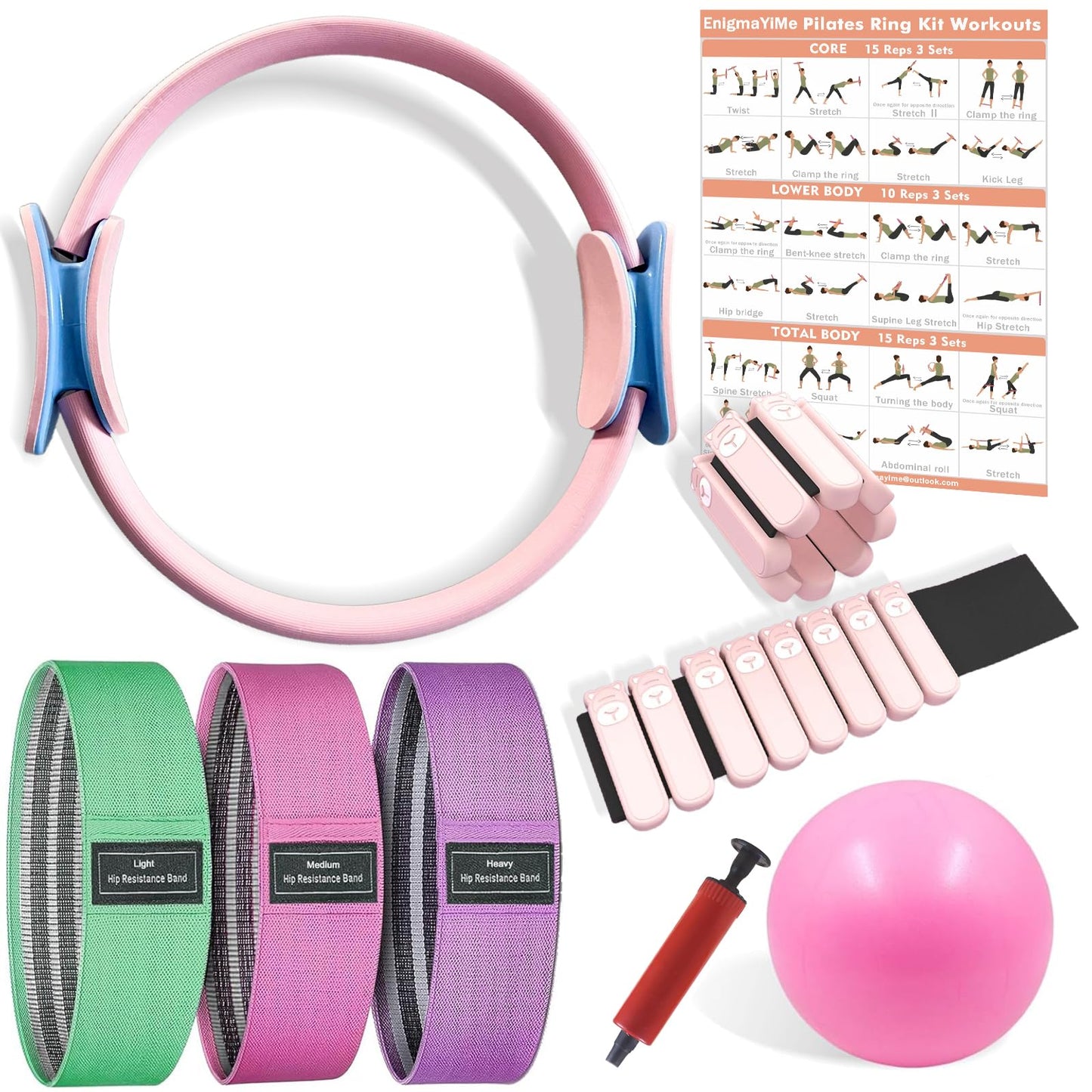 Pilates Ring and Ball Set, Adjustable Ankle Wrist Weights, Resistance Bands, Pilates Equipment for Home Workout Kit to Tone, Sculpt and Strengthen, Fitness Magic Circle Rings for Yoga Women