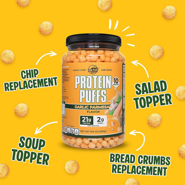Twin Peaks Protein Puffs - (Garlic Parmesan), Keto Friendly, Low Carb Snack (300g, 21g Protein, 2g Net Carbs, High Protein, Healthy Crunchy Snack)