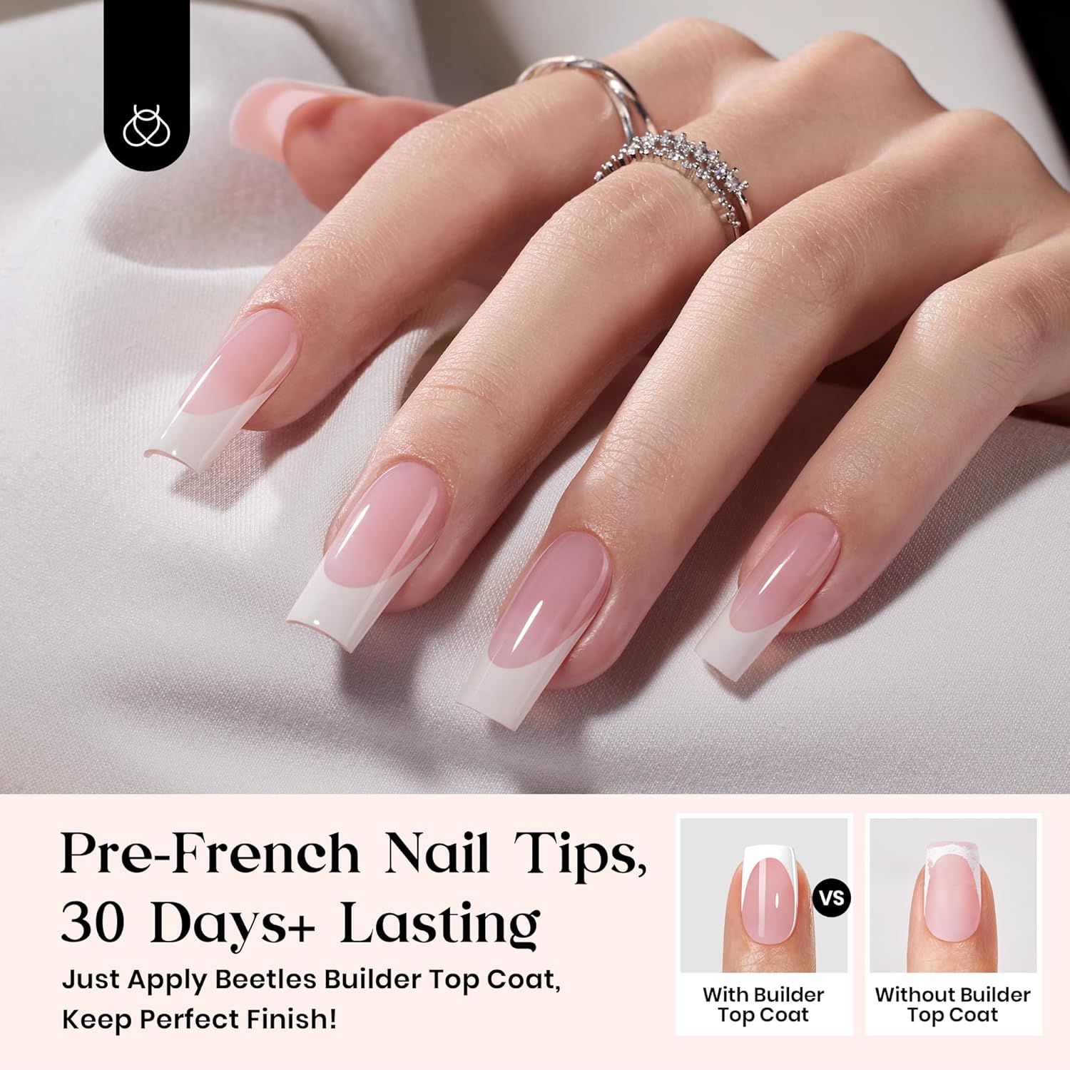 Beetles X Press Gel Nail Kit: Long Square French Tip Press On Nails Kit With 224Pcs Nail Tips Nail Glue & Builder Top Coat Mini UV Light, All-in-One DIY Designs Gift For Women At Home 16 Size