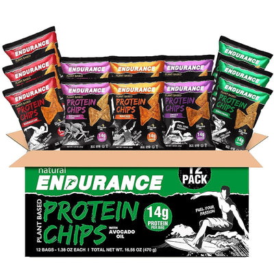 Natural Endurance Protein Chips - Low Carb Chips, High Protein Snack, Vegan Protein with Avocado Oil, 14g Protein Per Bag, Gluten Free, Nacho, BBQ, Chili, Birthday Cake, Original - Variety Pack, 1.38 oz Bags (Pack of 12)