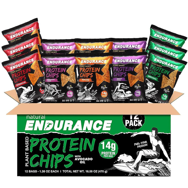 Natural Endurance Protein Chips - Low Carb Chips, High Protein Snack, Vegan Protein with Avocado Oil, 14g Protein Per Bag, Gluten Free, Nacho, BBQ, Chili, Birthday Cake, Original - Variety Pack, 1.38 oz Bags (Pack of 12)