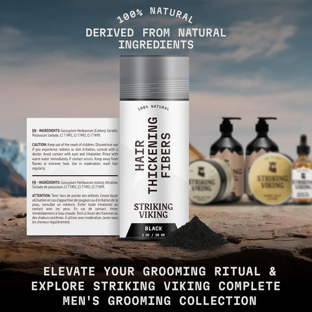 Striking Viking Hair Building Fibers for Thinning Hair (Black) 28g – Natural – Long-Lasting Powder for Undetectable, Thicker Look for Men & Women - Hair Fibers