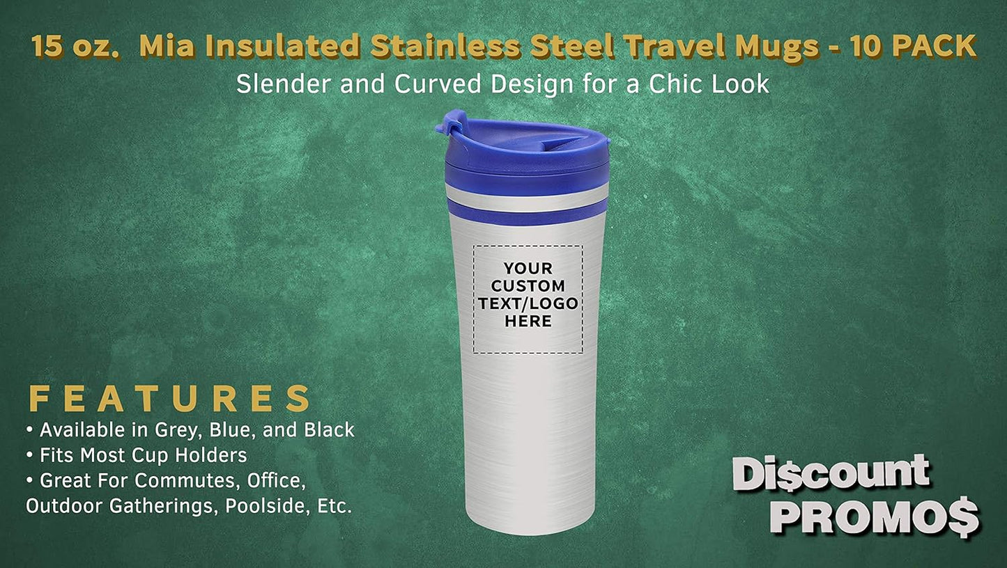 Personalized 15 oz. Mia Insulated Stainless Steel Travel Mugs - 10 pack Custom Text, Logo - Blue