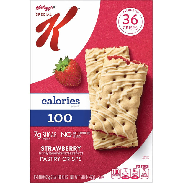 Special K Bar Pastry Crisps, 100 Calories, Breakfast Bars, Value Size, Strawberry, 15.84oz Box (36 Crisps) (Pack of 2)