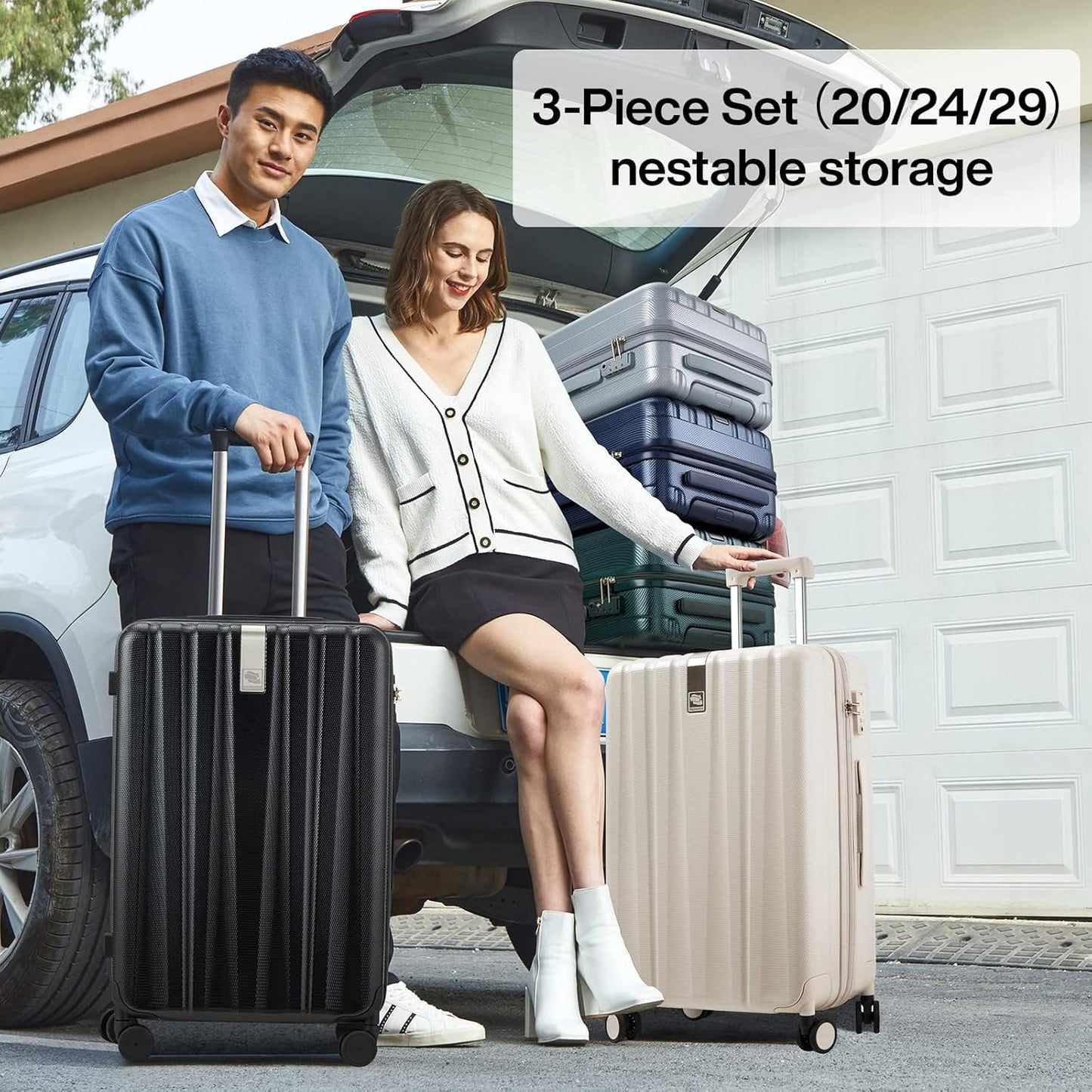 Hanke Luggage Sets 2 piece Carry On Luggage with Wheels PC Hard Shell Suitcases Lightweight Checked Travel Luggage Large Travel Suitcase Woman Men 20/29 Inch(Ivory White)