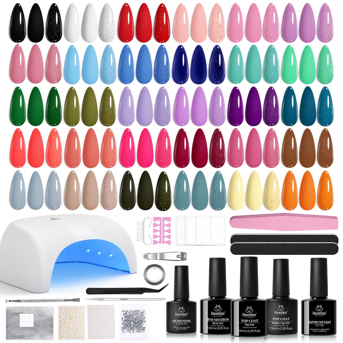 Beetles Gel Nail Polish Set,119 PCS 100 Colors Gel Polish Kit Base Glossy Matte Glitter Top Coat Neon Glitter Pearl Cat Eye White Red Pink Nude Nails Gift for Women Beetles Infinite Styles 100 Colors