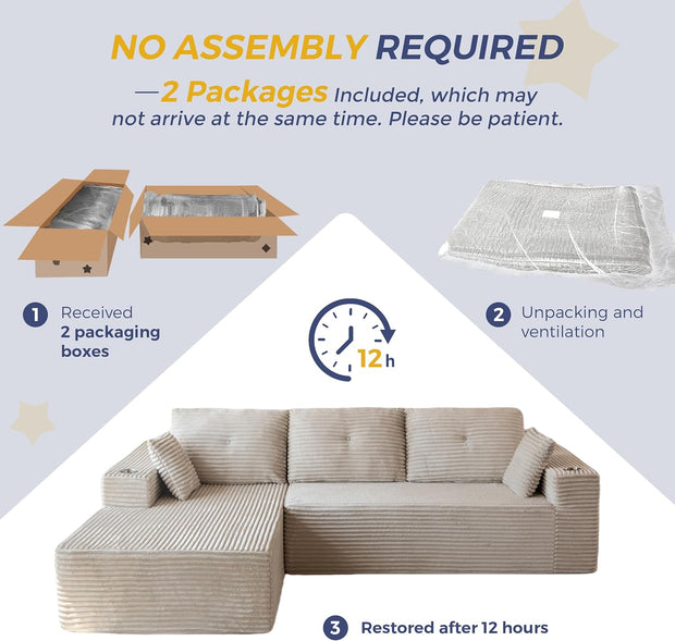 MAXYOYO 110" Modular Sectional Couch with L-Shape Chaise, Modern Boneless Couch for Living Room, Sofa in A Box, Oversized Sofa Sleeper with Deep Seat, No Assembly Required, Grayish Beige