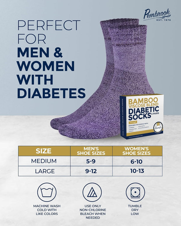 Pembrook Bamboo Viscose Diabetic Socks for Women & Men - 6 Pairs Ankle Socks for Swollen Feet | Neuropathy Socks | Edema Neuropathy Socks for Women | Diabetic Socks Women 9-12