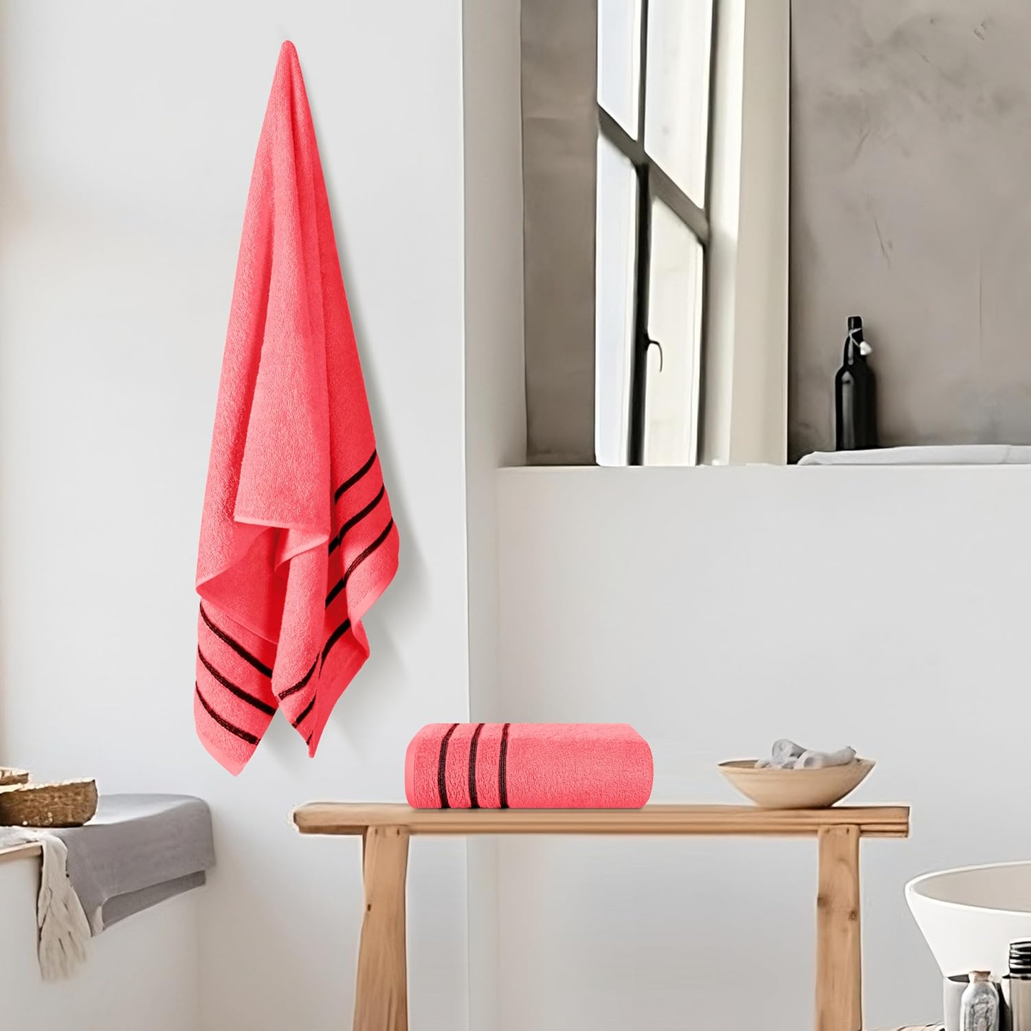 MyOwn Cotton 2 Pack Oversized Bath Towel Set 28x55 inches, Large Bath Towels, Ultra Absorbant Compact Quickdry & Lightweight Towel, Ideal for Gym Travel Camp Pool - Coral Orange, 71617