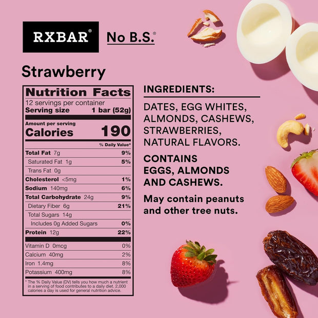 RXBAR Protein Bars, 12g Protein, Gluten Free Snacks, Strawberry, 22oz Box (12 Bars)