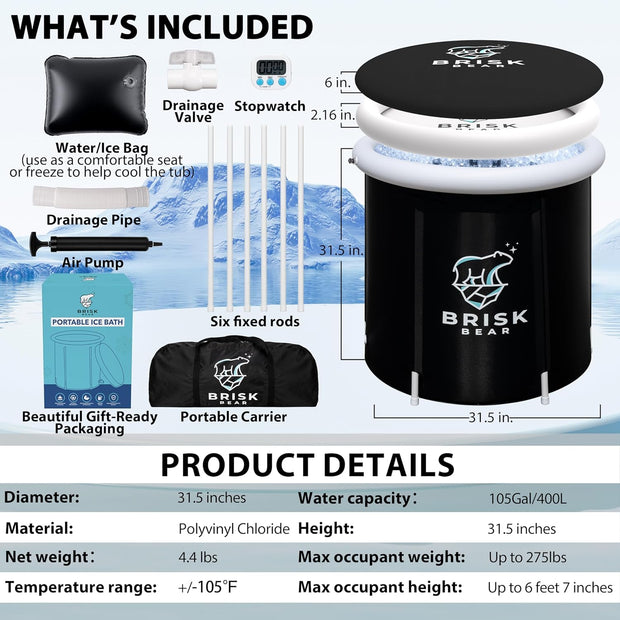 XL Oval Ice Bath Tub for Athletes with Cover by Brisk Bear - Extra Large Cold Plunge Tub for Recovery - Ice Bath Plunge Pool with Digital Timer - Cold Plunge to Soothe Muscles - Black Ice Tub