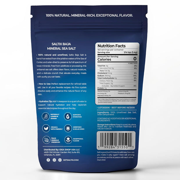 Saltix Baja Mineral Sea Salt – Fine Grind, 8 oz (1/2 lb), 160+ Servings – 100% Natural & Unrefined, Hand-Harvested from the Sea of Cortez – Mineral Rich, Low Sodium, Perfect for Cooking, Finishing & Hydration