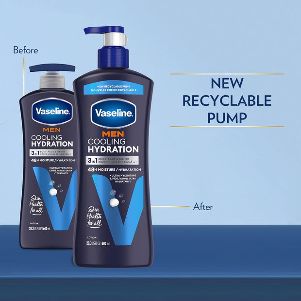 Vaseline Men Cooling Hydration 3-in-1 4 Pack for Dry Skin Face, Hands & Body Lotion for Men with Menthol & Ultra-Hydrating Lipids 20.3 oz