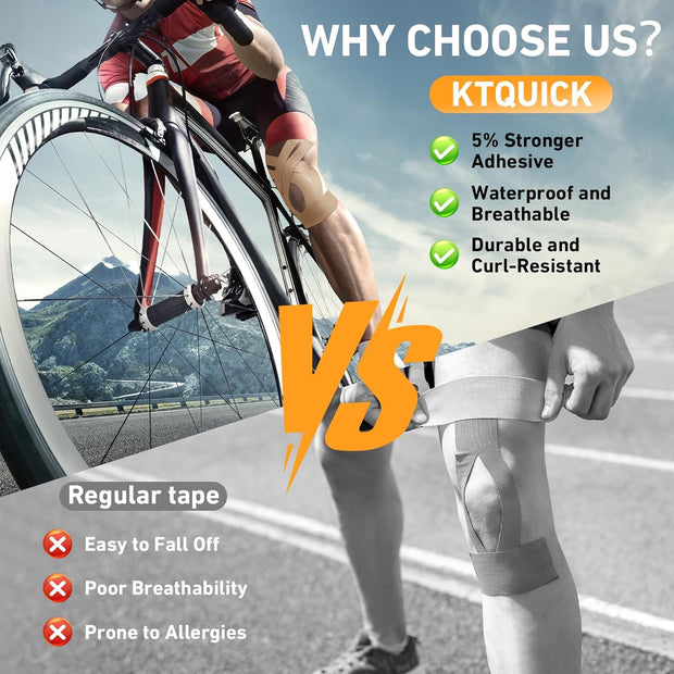 PreCut Kinesiology Tape for Knees, 12 PCS Waterproof KTQUICK Knee Tape for Knee Pain Relief Pre Cut, Original Cotton Athletic Knee Tape, Waterproof & Hypoallergenic Latex-Free for Sports (Black)