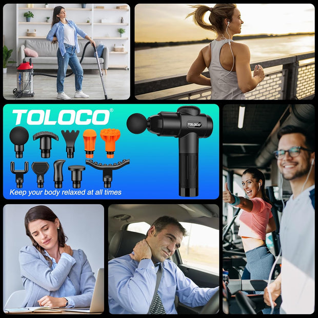TOLOCO Massage Gun, Deep Tissue Back Massage for Athletes for Pain Relief, Percussion Massager with 10 Massages Heads & Silent Brushless Motor, Gifts for Fathers Day, Black