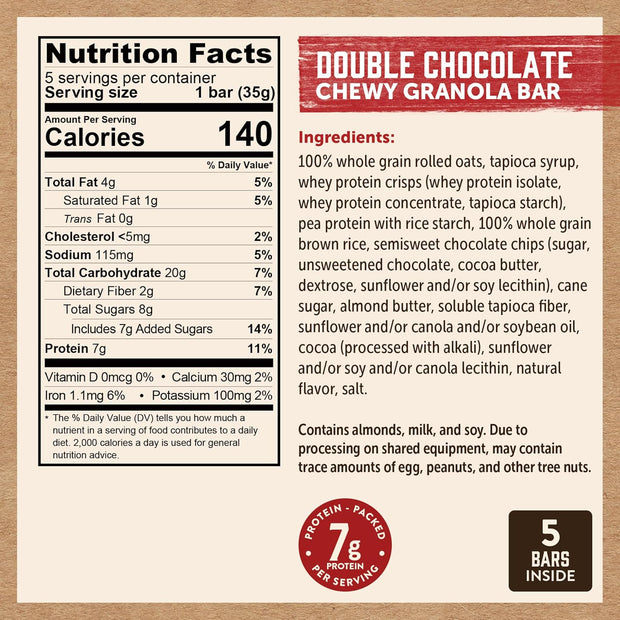 Kodiak Cakes Chewy Granola Snack Bars, Double Dark Chocolate, High Protein, 100% Whole Grains, 12 boxes with 5 bars each (60 bars total)