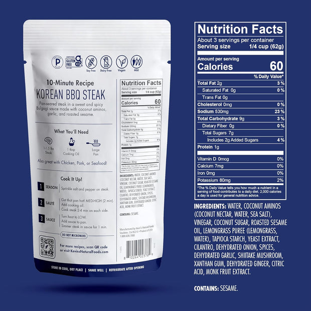 Kevin's Natural Foods Korean BBQ Sauce - Paleo Simmer Stir-Fry Sauce, Gluten Free, No Preservatives, Non-GMO - 3 Pack (Korean BBQ)