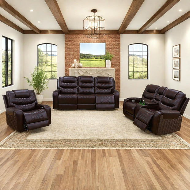 Living Room Furniture Set, Power Reclining Sofa Set, Air Leather Recliners with Built-in USB Ports and Storage Console, LED Reclining Couch Set for Living Room (Wine, Sofa Loveseat Chair)