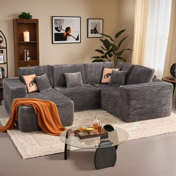 114" Boneless Couches for Living Room, Brown Faux Leather Cloud Sectional Couches with Chaise, Deep Seat L Shaped Modular Sofa, No Assembly Required Sofas in a Box (Right,Faux Leather,Brown)