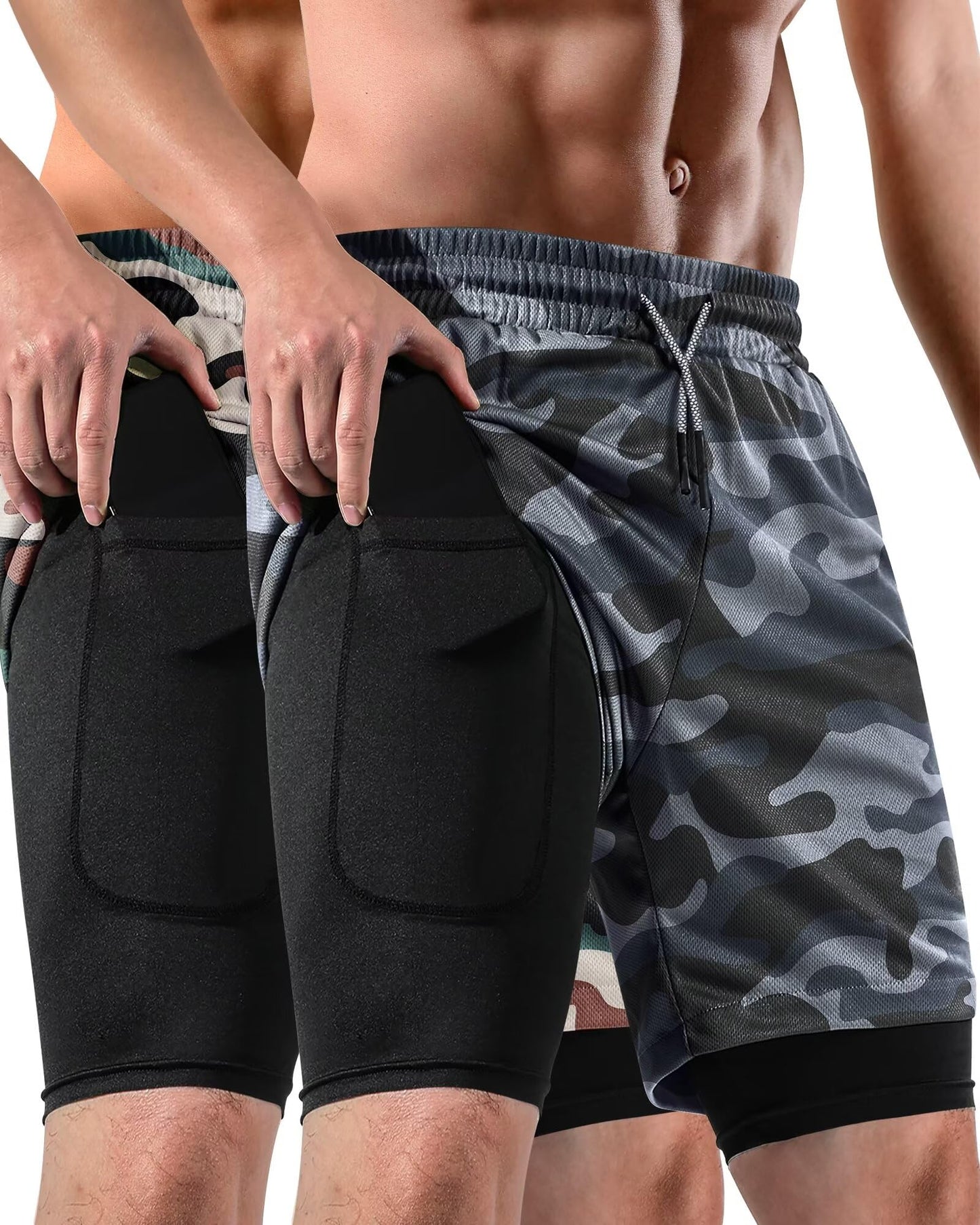2 in 1 Mens Shorts Casual 2 Pack, Running Gym Shorts for Men 7 Inch, Workout Shorts Men with Pockets &Towel Loop