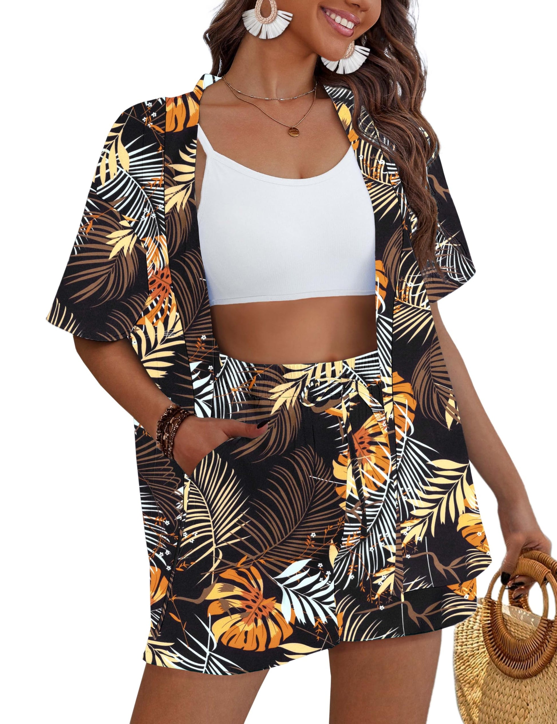 REDHOTYPE Women's 2 Piece Outfits Kimono Style Tropical Print Cover Ups Half Sleeve Blouse Shorts Set Summer Beachwear （S-XL）