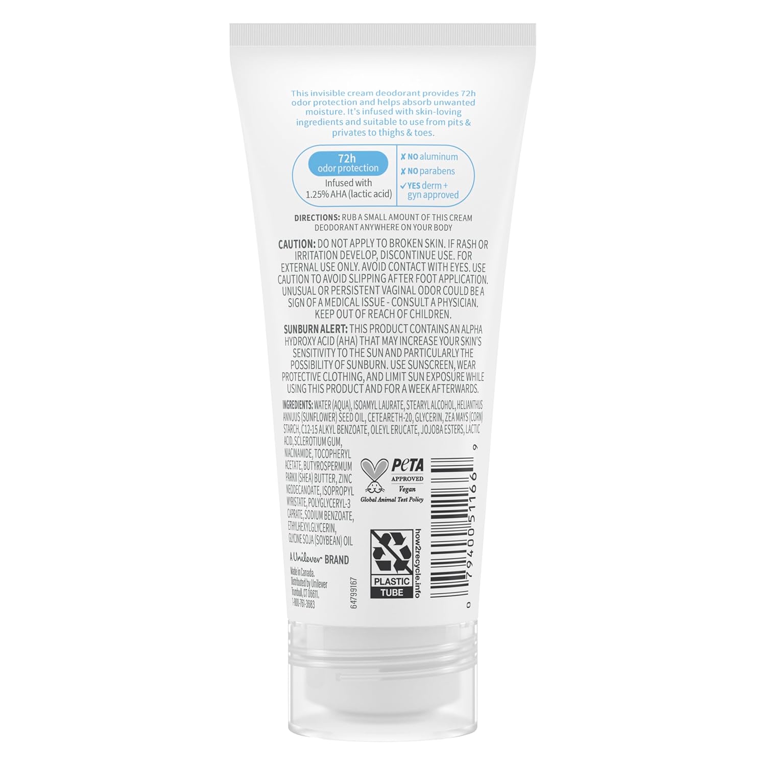 Dove Whole Body Deodorant Aluminum Free pH Balancing Cream Deodorant Unscented for 72h Odor Control 2.5 oz