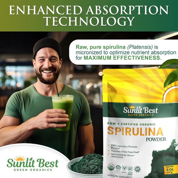 Sunlit Best Spirulina Powder Organic USDA - Chlorophyll, Fast Absorption, Blue-Green Spirulina Algae, Raw Vegan Protein - Non-GMO, Gluten Free Superfood Energy, Gut, Immune Support Supplement - 8 Oz