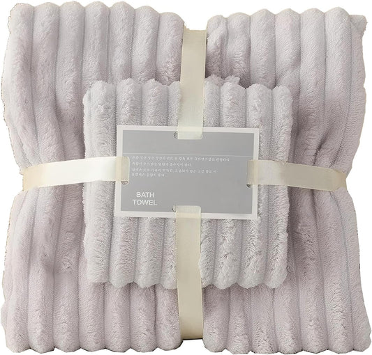 Coral Fleece Towel and Bath Towel Set Extra Thick Absorbent Wave Pattern 2 Piece Set for Home Spa and Travel Soft and Quick Drying (Grey)