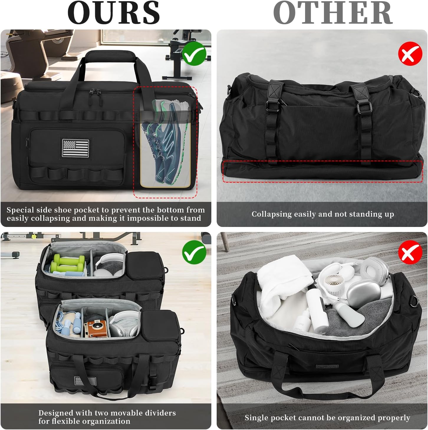 ZOMFELT Gym Bags for Men Women, Tactical Travel Duffle Bag with Removable Dividers & Shoe Compartment, Carry on Weekend Overnight Bag with Wet Pocket for Workout Sports Football Gym, Black