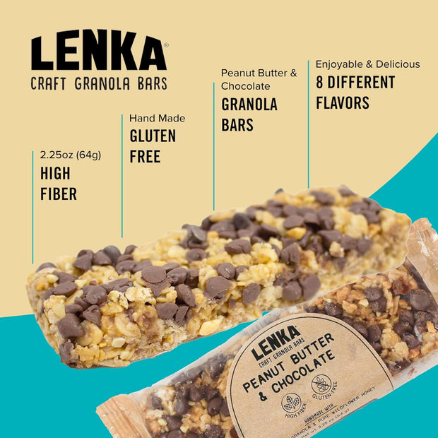 Lenka Bars - Peanut Butter & Chocolate Snack Bars, Gluten Free, High Fiber, Kosher, Wholesome, No Artificial Flavors, Individually Wrapped - 12 Pack