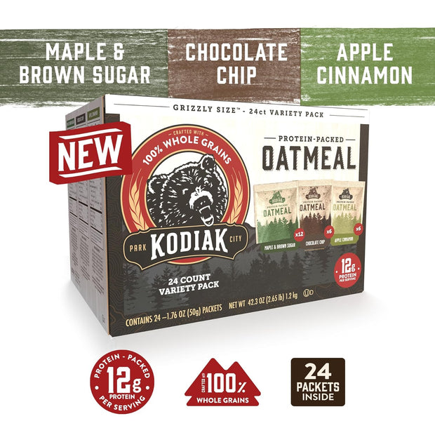 Kodiak Cakes Instant Oatmeal Packets Variety Pack - High Protein - 100% Whole Grains Breakfast Food - Maple & Brown Sugar, Apple Cinnamon, & Chocolate Chip (24 Packets)