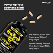 Prime Labs Creatine HCl Capsules - with CON-CRĒT®, Rhodiola Root Extract, & L-Theanine - Muscle Support, Endurance, Cognitive Function - for Men & Women - 60 Pills