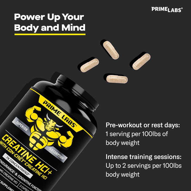 Prime Labs Creatine HCl Capsules - with CON-CRĒT®, Rhodiola Root Extract, & L-Theanine - Muscle Support, Endurance, Cognitive Function - for Men & Women - 60 Pills