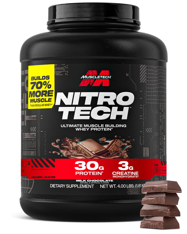 Muscletech Whey Protein Powder (Milk Chocolate, 2 Pound) - Nitro-Tech Ultimate Muscle Building Formula with Whey Protein Isolate - 30g of Protein, 3g of Creatine & 6.8g of BCAA - Packaging May Vary