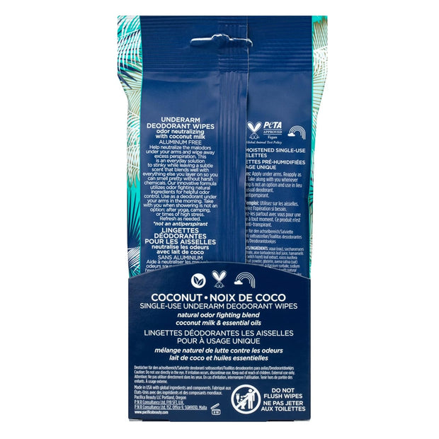 Pacifica Deodorant Wipes - Coconut Milk Underarm & Full Body Deodorant Wipes - Removes Sweat & Oil - Aluminum-Free - Natural Feminine Odor Control Clean Vegan & Cruelty-Free Dermatologist Tested