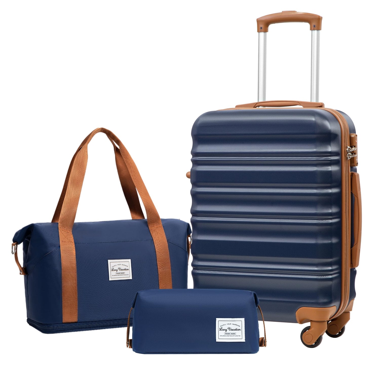 LONG VACATION 6 Piece Luggage Set Carry on Suitcase with ABS+PC hardshell, Spinner Wheels & YKK Zipper TSA Lock (WHITE-BROWN, 6 piece set)