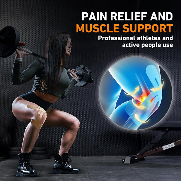 PreCut Kinesiology Tape for Knees, 12 PCS Waterproof KTQUICK Knee Tape for Knee Pain Relief Pre Cut, Original Cotton Athletic Knee Tape, Waterproof & Hypoallergenic Latex-Free for Sports (Black)